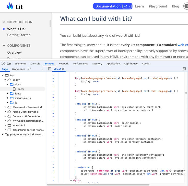 CSS код сайт lit в DevTools
