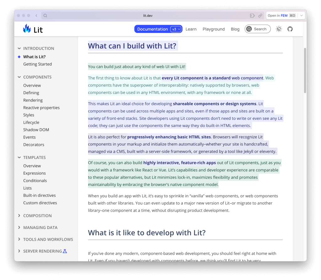На сайте Lit documentation выделено несколько абзацев текста, каждый из которых имеет несколько разных оттенков зелёного и синего в качестве фона.