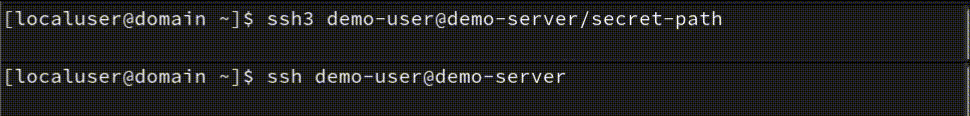 Установление соединения SSH3 (вверху) VS SSHv2 (внизу) при пинге 100 мс в сторону сервера.