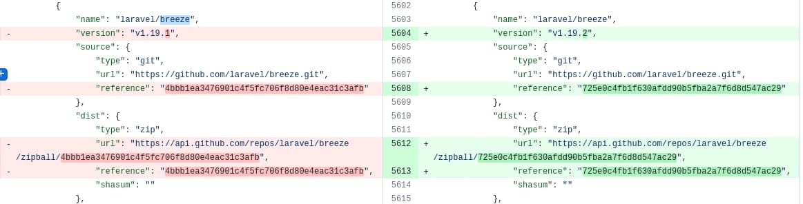 Diff composer.lock после обновления laravel/breeze