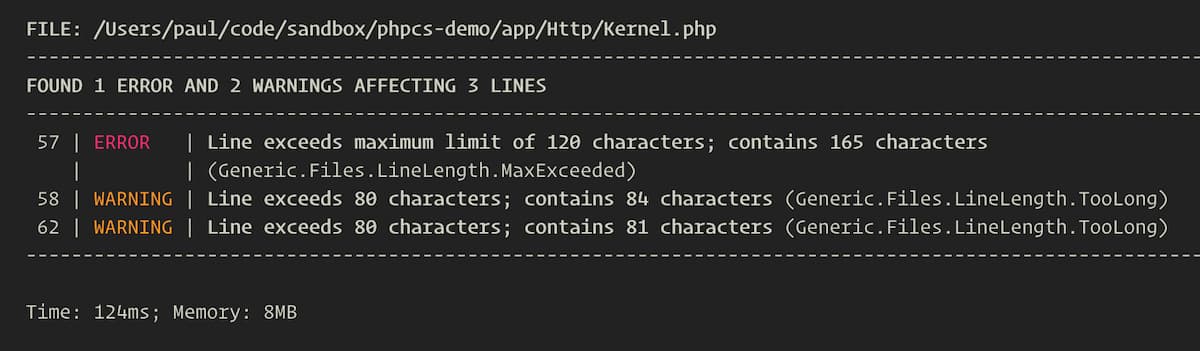 PHPCS Сообщения о нарушениях длинны строки