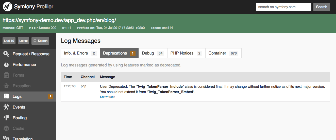 Symfony Profiler - Log Messages