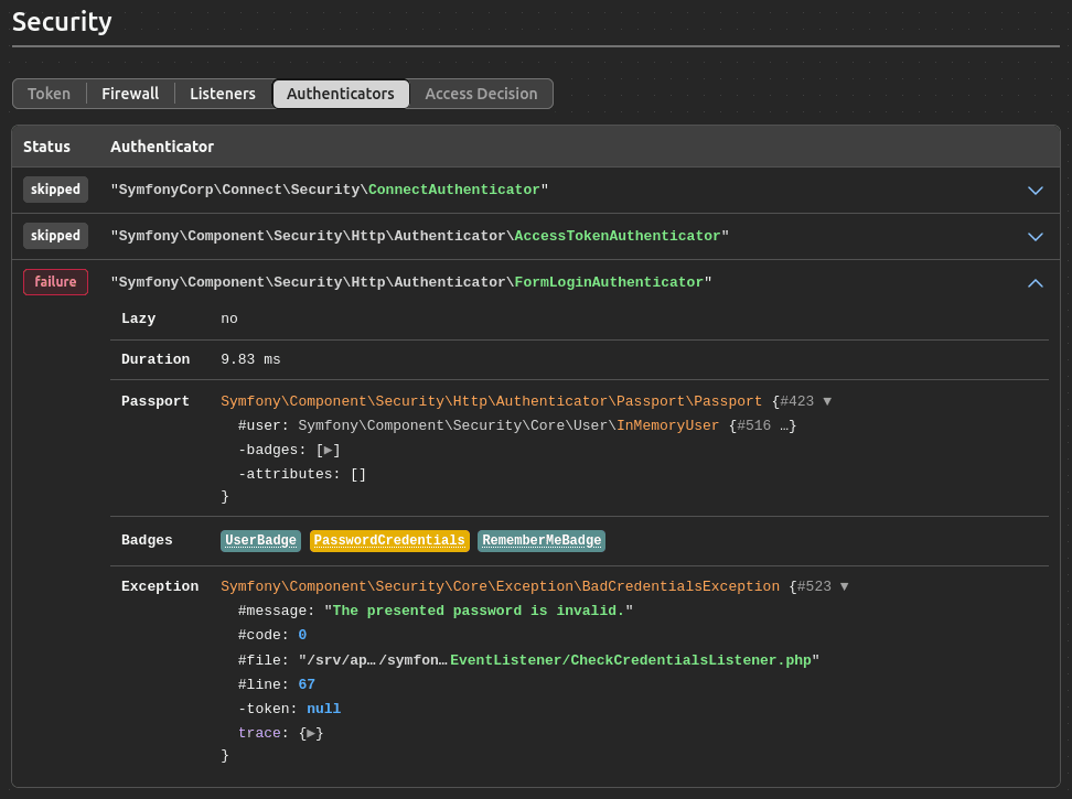 Панель профайлера безопасности Symfony 7.2 с дополнительной и переработанной информацией на вкладке authenticators